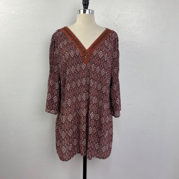 Catherines Womens Tunic Blouse 14/16 0X Boho Pleated Beaded 3/4 Bell Sleeves - Picture 1 of 10